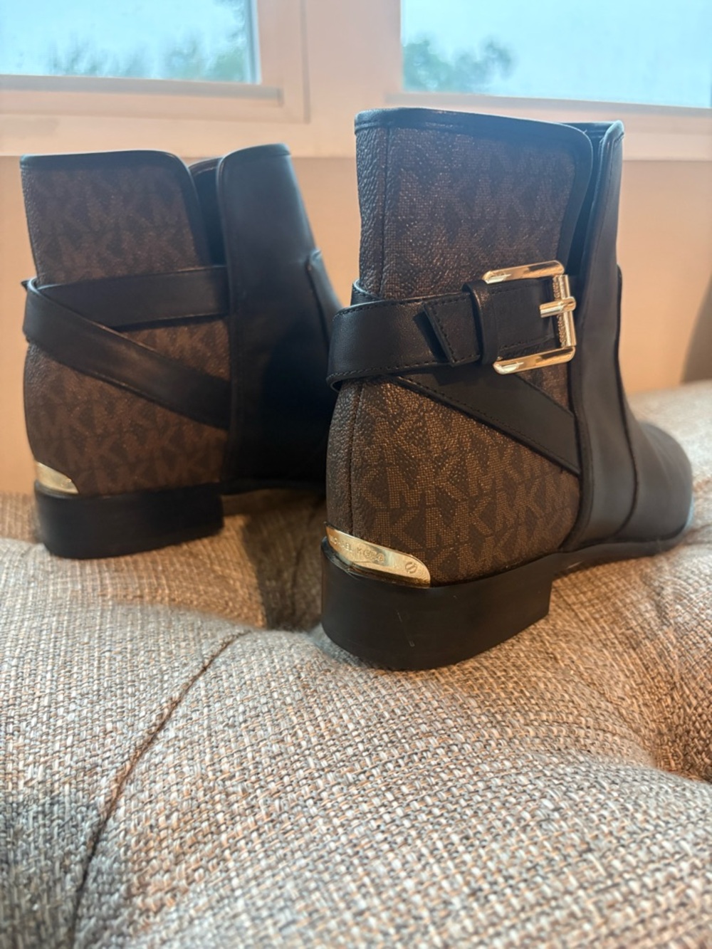 Michael Kors Brown MK Logo Ankle Booties with Gold Buckle